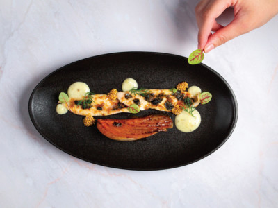 Sole meunière with seaweed butter and bonito flakes , fennel , mashed potatoes , mustard seed vinegar